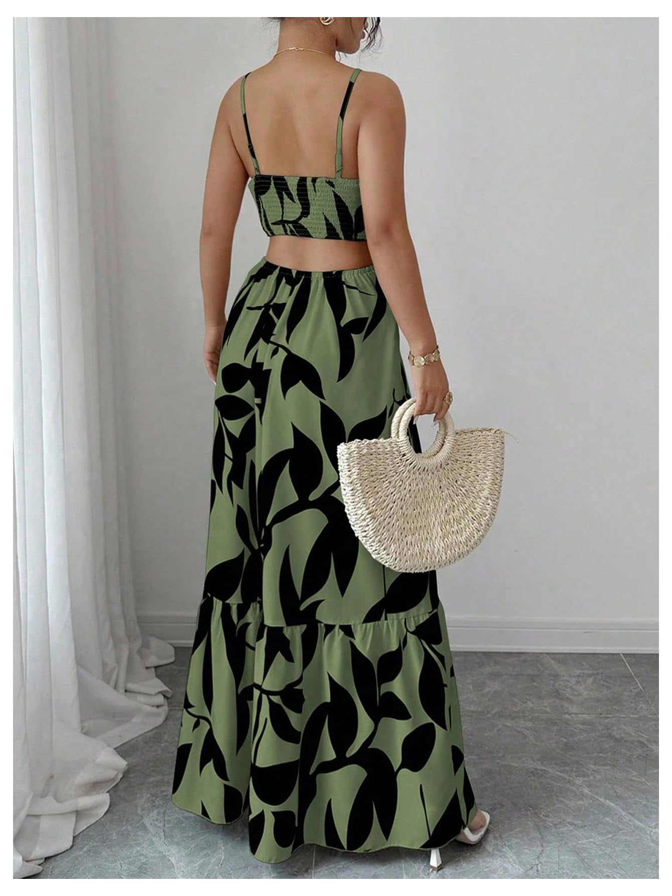 OYOANGLE Women's Cut Out Floral Print Tropical Maxi Cami Dress Ruffle Flowy Summer Vacation Spaghetti Strap Sundress