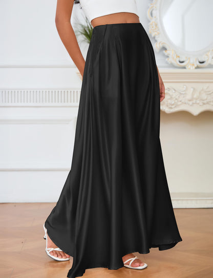 MAKABO Maxi Satin Skirts for Womens High Waisted Flowy Long A line Skirt Trendy for Office Holiday Party