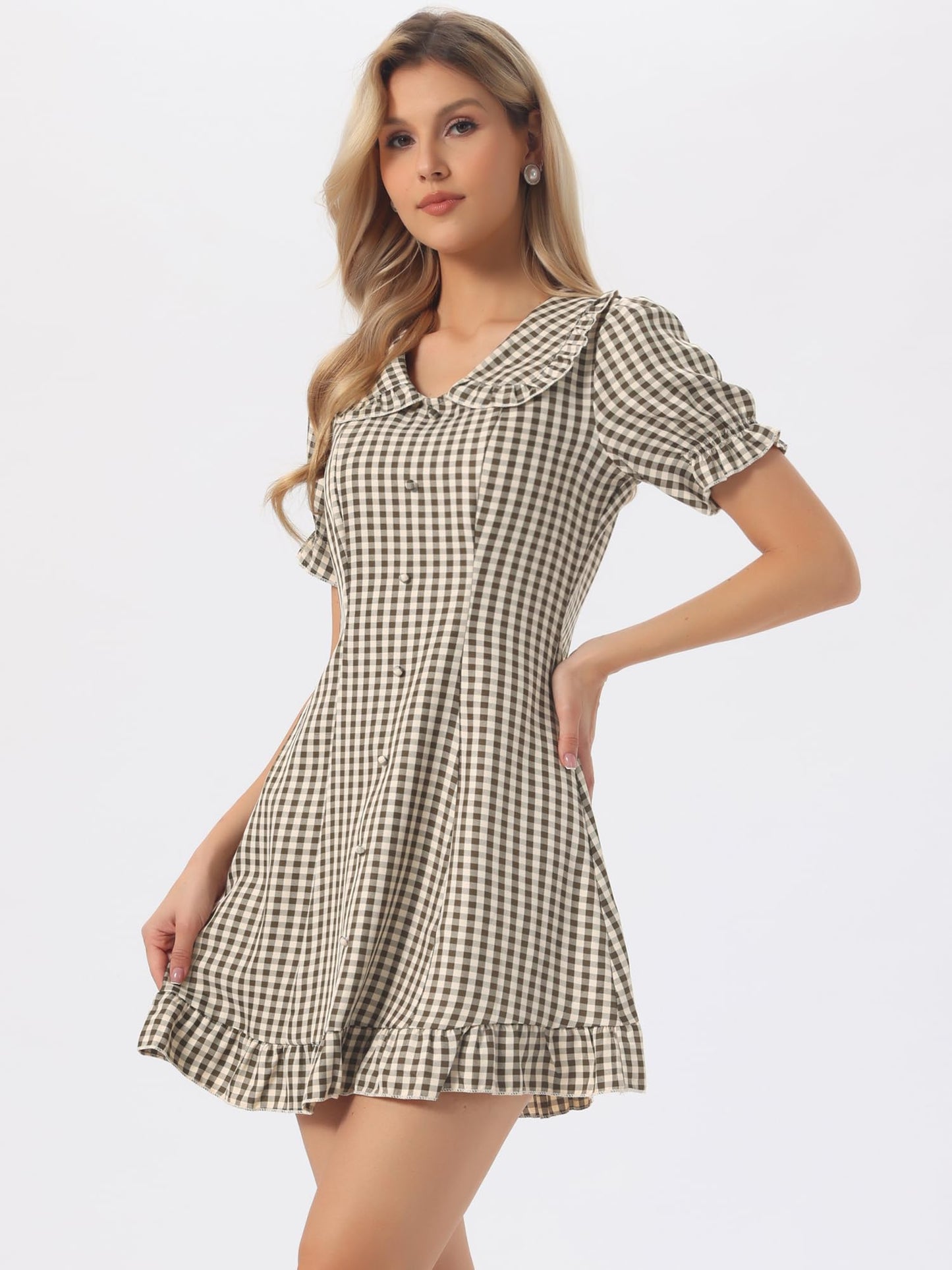 Allegra K Women's Gingham Checks Ruffled Peter Pan Collar Cute Mini Dress