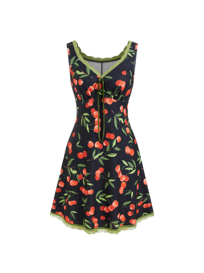 CIDER Women's Floral Mini Dress Fruit Sleeveless V Neck Lace Trim Sun Dress A Line Cute Summer Dresses Beach Vacation Outfits