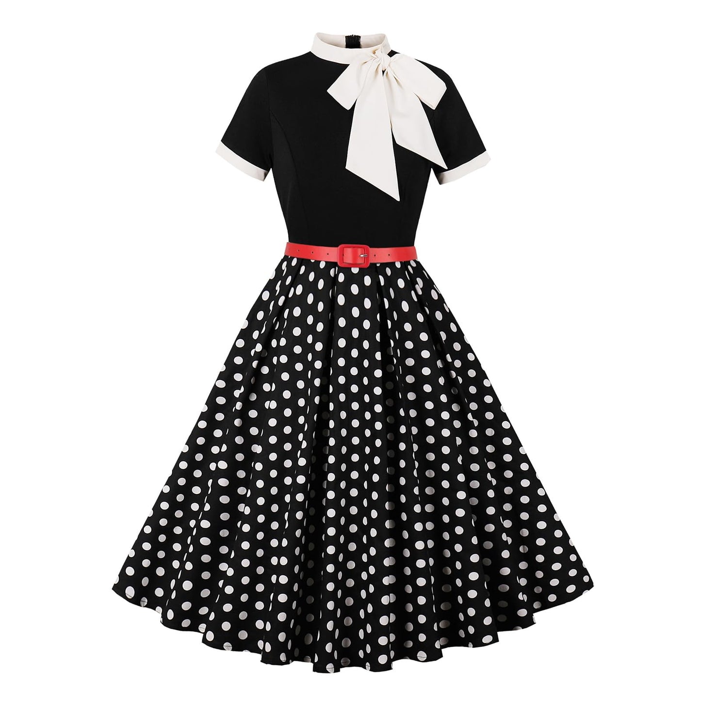 50s Style Dresses for Women Vintage Short Sleeve Tie Neck Swing Dress Midi Prom Dress with Belt