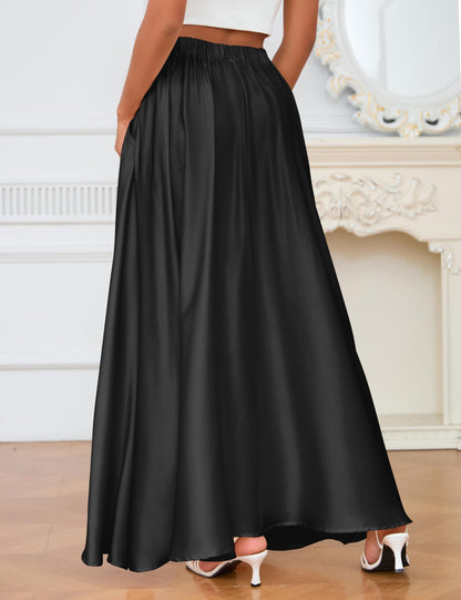 MAKABO Maxi Satin Skirts for Womens High Waisted Flowy Long A line Skirt Trendy for Office Holiday Party