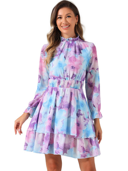 Allegra K Women's Floral Dress Chiffon Long Sleeve Mock Neck Ruffle Layered Smocked Mini Dresses