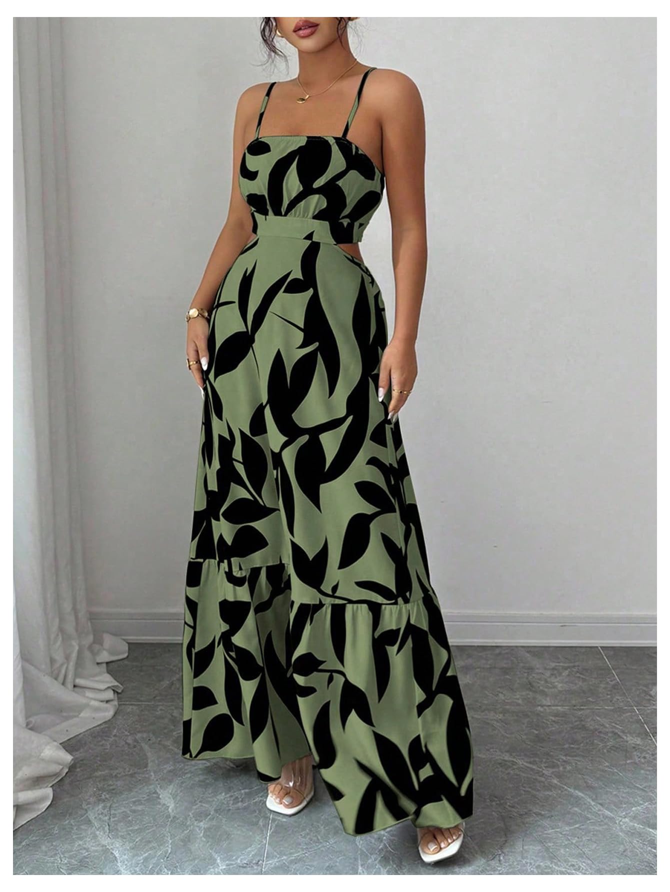OYOANGLE Women's Cut Out Floral Print Tropical Maxi Cami Dress Ruffle Flowy Summer Vacation Spaghetti Strap Sundress