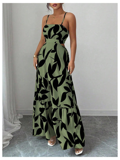 OYOANGLE Women's Cut Out Floral Print Tropical Maxi Cami Dress Ruffle Flowy Summer Vacation Spaghetti Strap Sundress