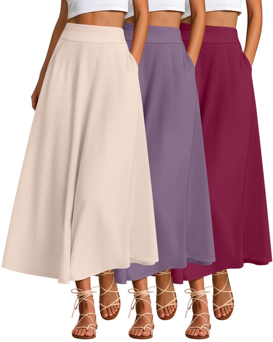 Ficerd 3 Pack Women's Maxi Long Skirts with Pockets, A Line Ankle Length High Waisted Flowy Soft Summer Casual Skirts