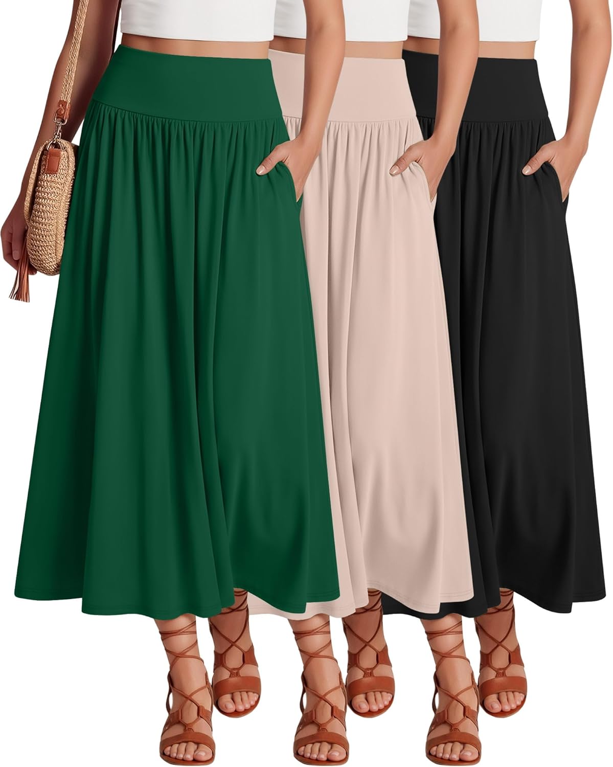 Ficerd 3 Pack Maxi Long Skirts for Women, Ankle Length High Waisted Pleated Flowy a Line Summer Casual Skirts with Pockets