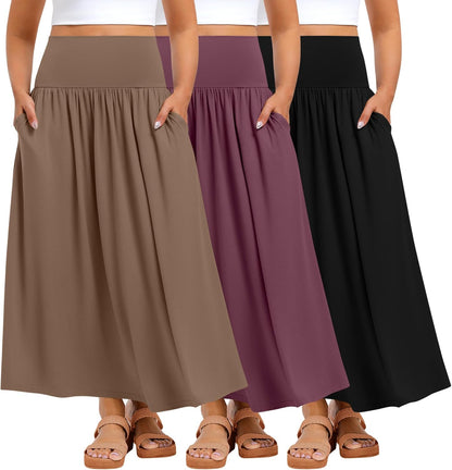 Ficerd 3 Pack Plus Size Maxi Skirts for Curvy Women Pockets Casual 2026 Boho Summer Flowy Long Skirt a Line High Waist Dress
