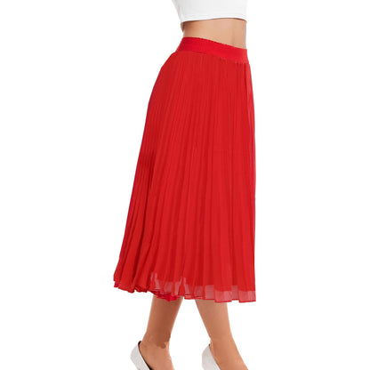 Womens Chiffon High Waist Skirt Pleated A-Line Swing Elastic Shirring Midi Length