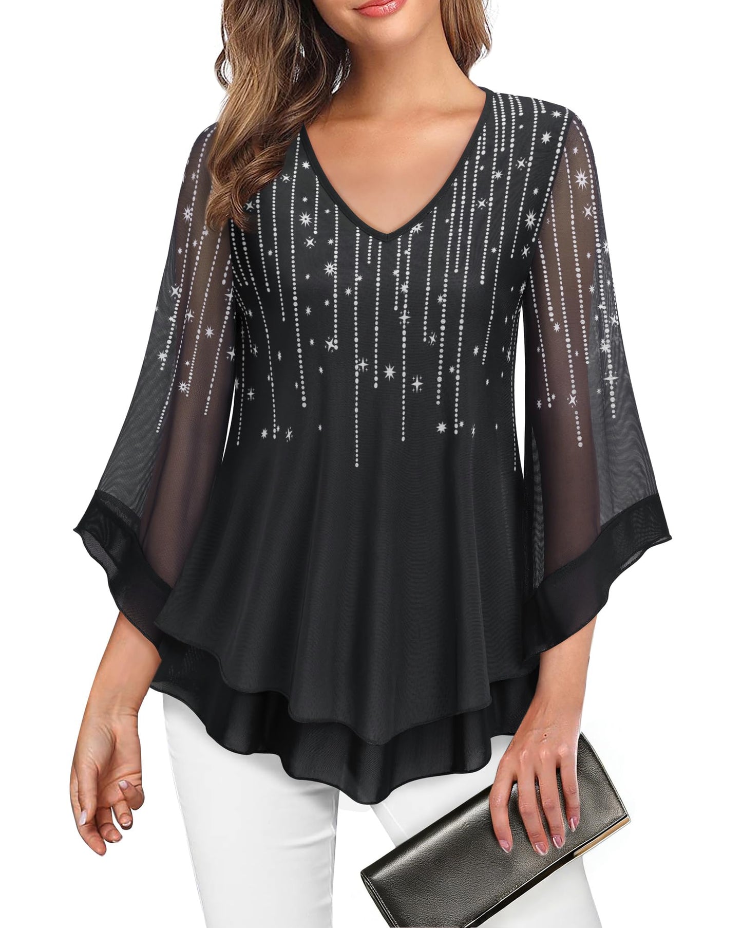 Lotusmile Womens Dressy Blouse Double Layers Mesh Shirt Ruffle 3/4 Flared Sleeve Tunic Tops