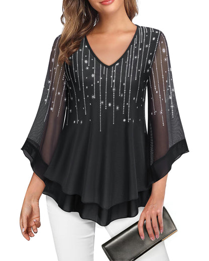 Lotusmile Womens Dressy Blouse Double Layers Mesh Shirt Ruffle 3/4 Flared Sleeve Tunic Tops