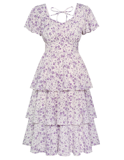 Belle Poque Women's Vintage Square Neck Dress 2026 Summer Short Sleeve Layered Tiered Ruffle A-line Swing Midi Dress