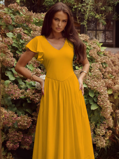 YUNDAI Women's Scoop Neck Flutter Sleeve Midi Dress with Pocket Elegant Flowy A Line Tie Back Dress