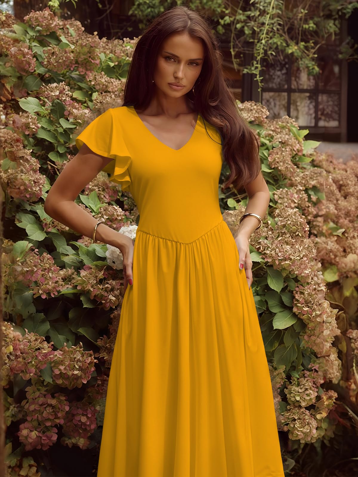 YUNDAI Women's Scoop Neck Flutter Sleeve Midi Dress with Pocket Elegant Flowy A Line Tie Back Dress