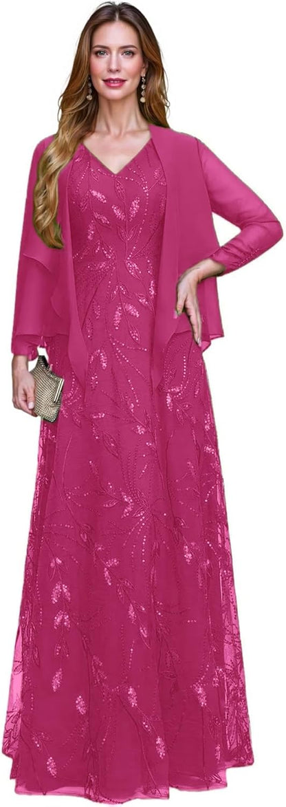 2 Piece Sequin Lace Mother of The Bride Dresses for Women with Jacket V Neck Long Formal Dresses Evening Gown