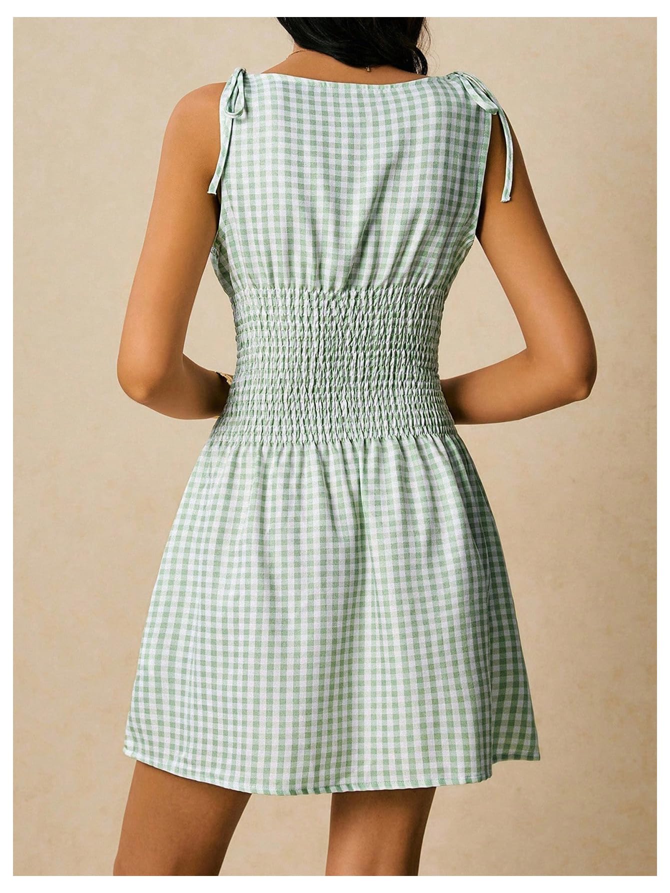 Floerns Women's Tie Shoulder A Line Gingham Dress Boat Neck Mini Checkered Elegant Dresses