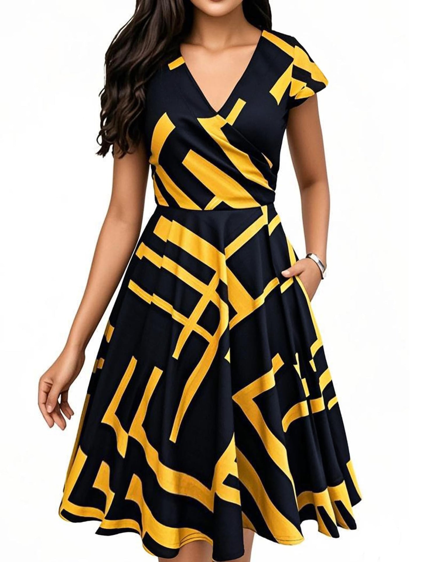 oxiuly Women's Vintage Dot V-Neck Cap Sleeve Casual Pockets Swing Tea Dress OX296
