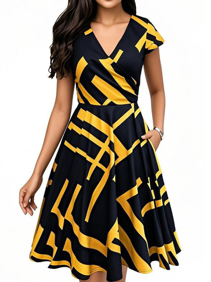 oxiuly Women's Vintage Dot V-Neck Cap Sleeve Casual Pockets Swing Tea Dress OX296