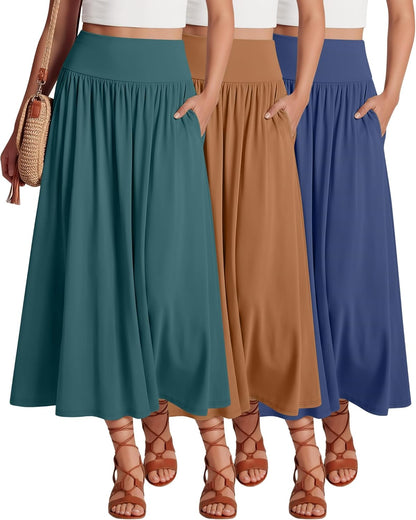 Ficerd 3 Pack Maxi Long Skirts for Women, Ankle Length High Waisted Pleated Flowy a Line Summer Casual Skirts with Pockets