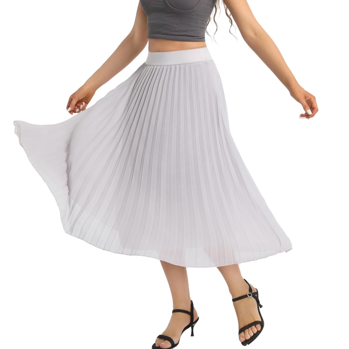 Womens Chiffon High Waist Skirt Pleated A-Line Swing Elastic Shirring Midi Length