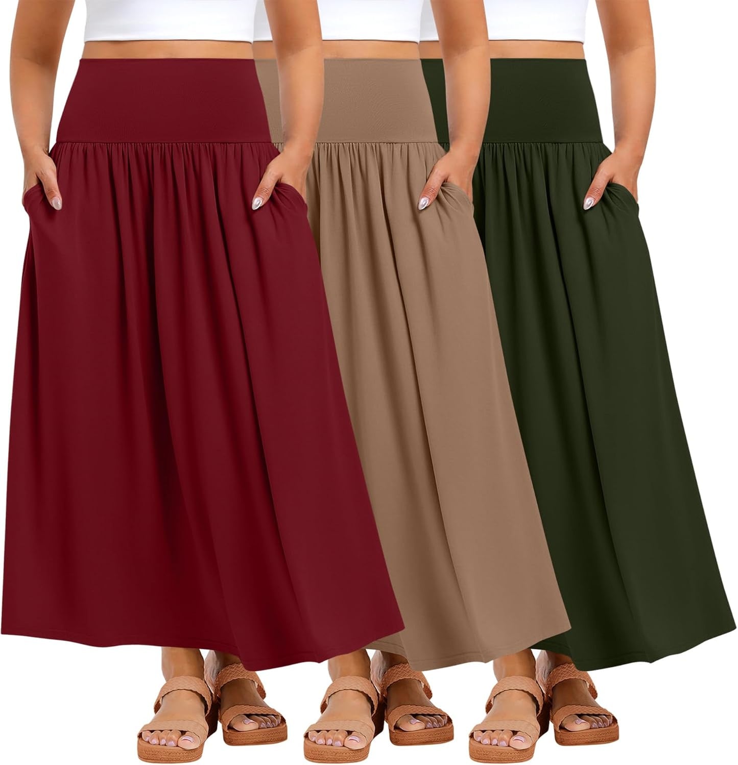Ficerd 3 Pack Plus Size Maxi Skirts for Curvy Women Pockets Casual 2026 Boho Summer Flowy Long Skirt a Line High Waist Dress