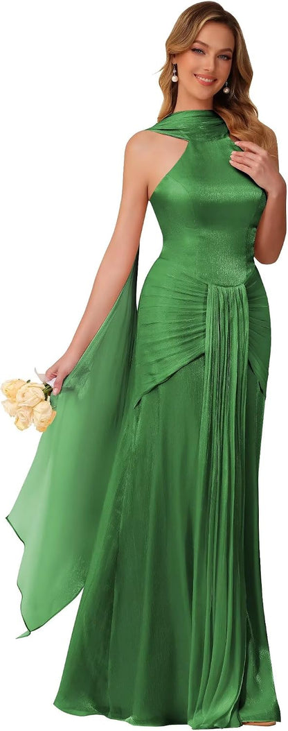 Halter Bridesmaid Dresses Long with Scarf Shimmer Chiffon Formal Dress Pleated Mermaid Evening Gowns for Women