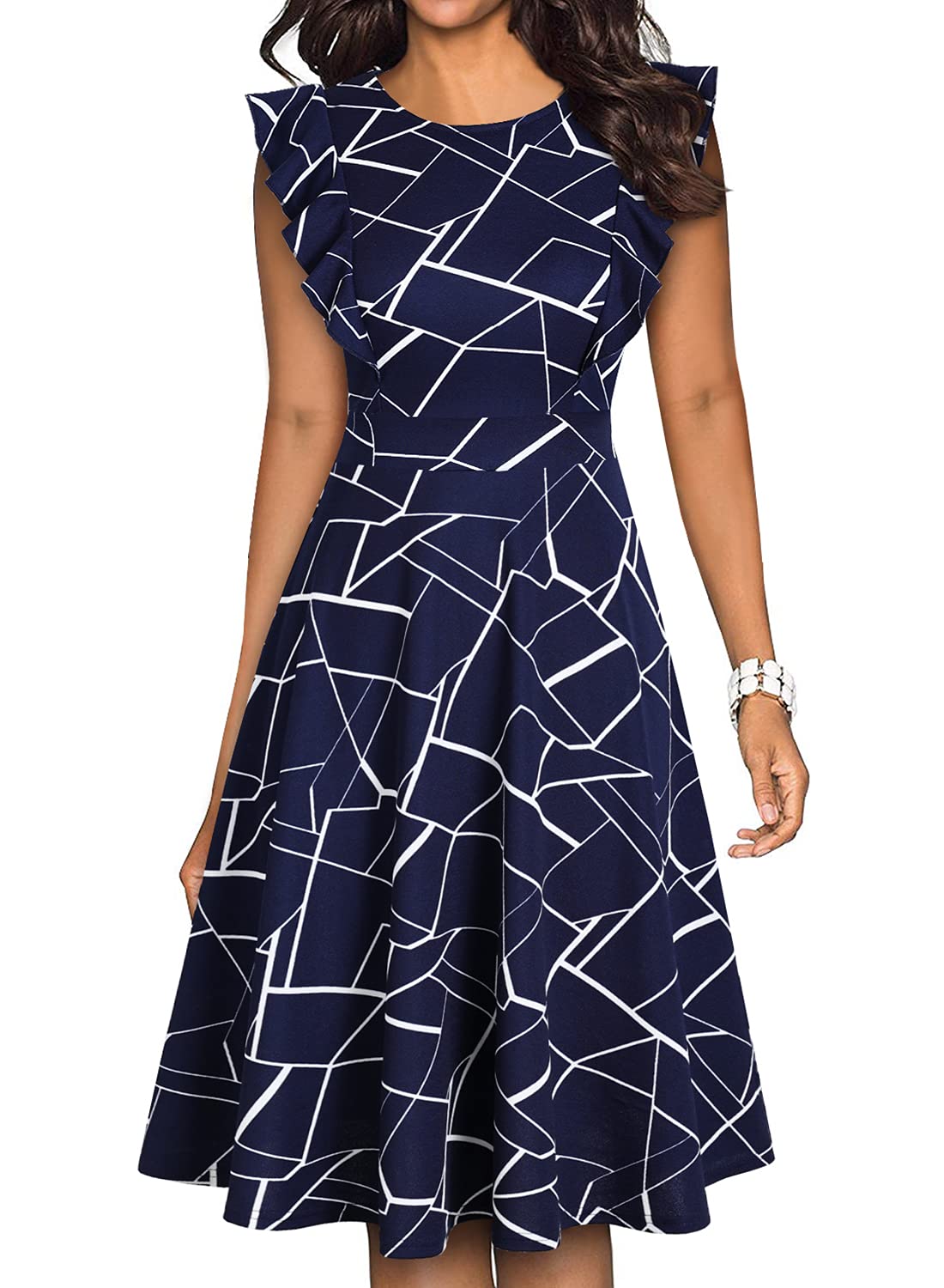 YATHON Women's Vintage Ruffle Floral Flared A Line Swing Casual Cocktail Party Dresses