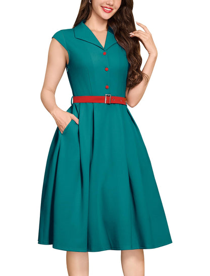 Women's 1950s Retro Dress Sleeveless Cocktail Prom Swing Midi Belt Dresses with Pockets Vintage Style