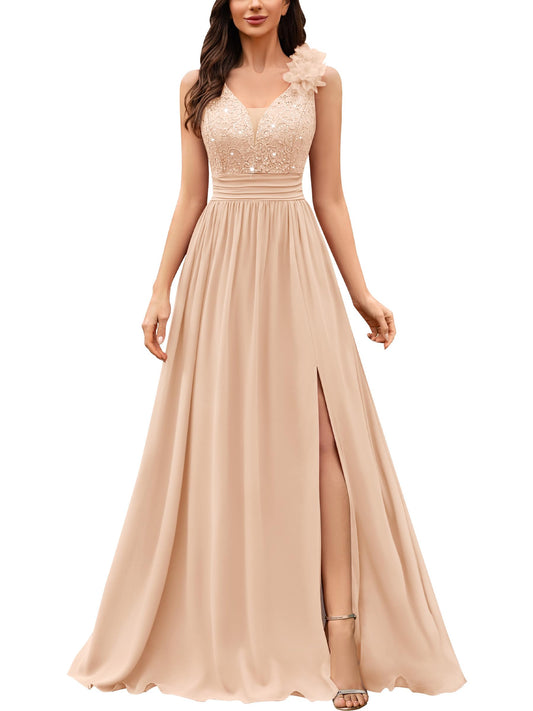 Miusol Women's Vintage V-Neck Sleeveless Sequined Split Formal Evening Maxi Dress