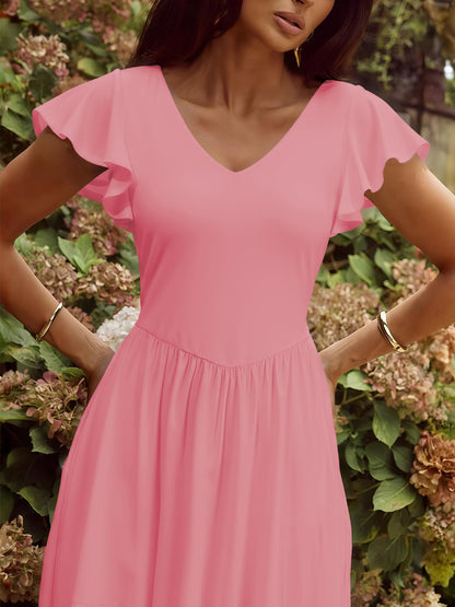 YUNDAI Women's Scoop Neck Flutter Sleeve Midi Dress with Pocket Elegant Flowy A Line Tie Back Dress