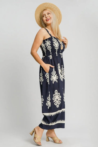 Umgee Smocked Printed Wide Leg Jumpsuit – Plus Size Inclusive Fit