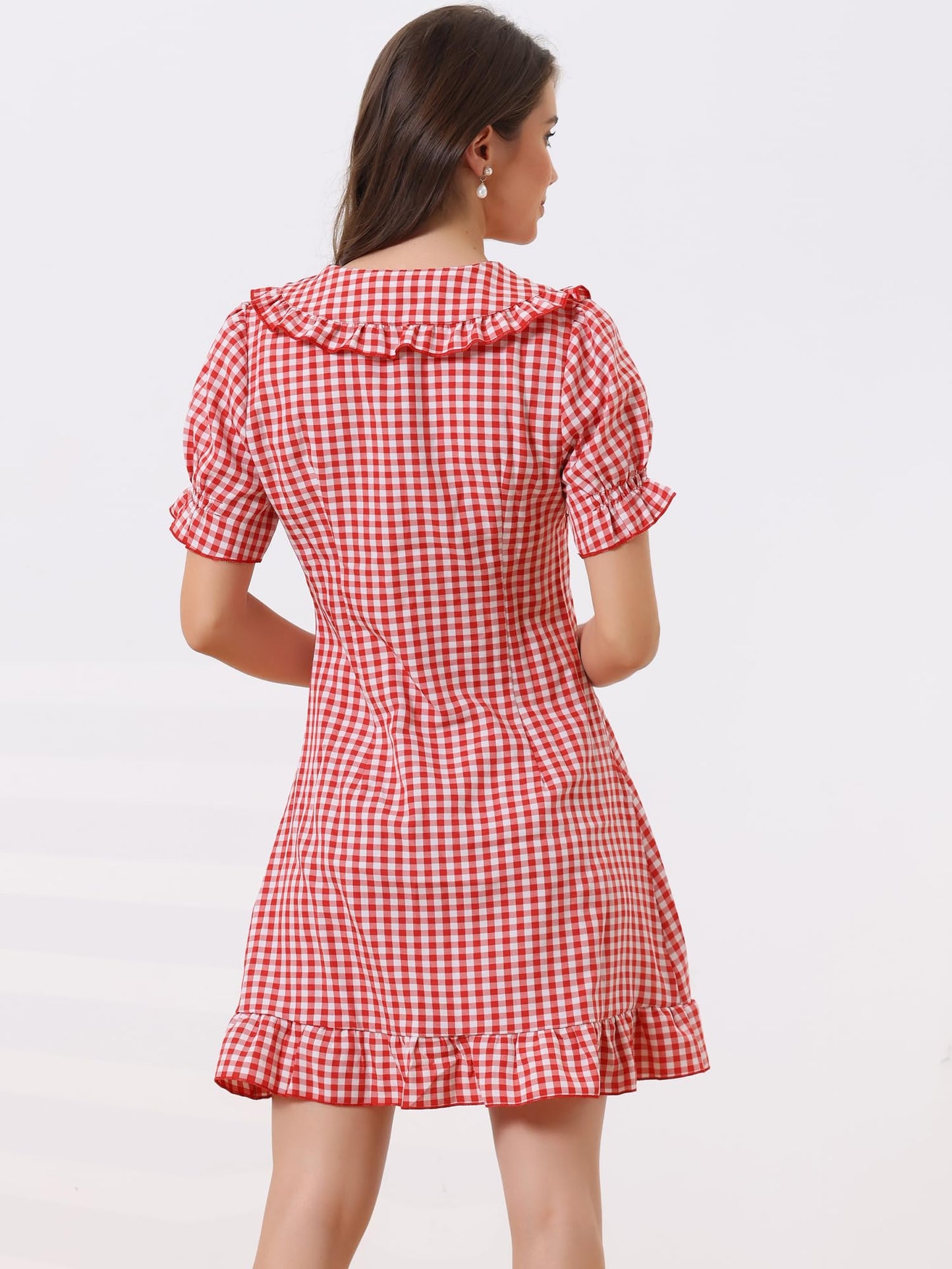 Allegra K Women's Gingham Checks Ruffled Peter Pan Collar Cute Mini Dress