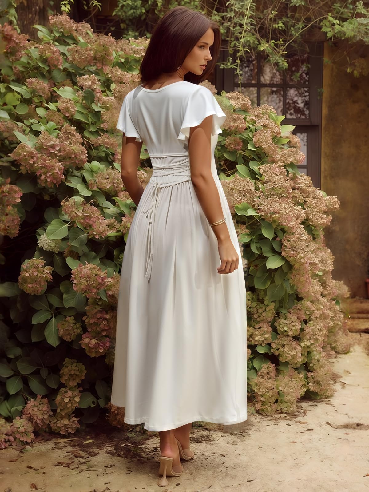 YUNDAI Women's Scoop Neck Flutter Sleeve Midi Dress with Pocket Elegant Flowy A Line Tie Back Dress