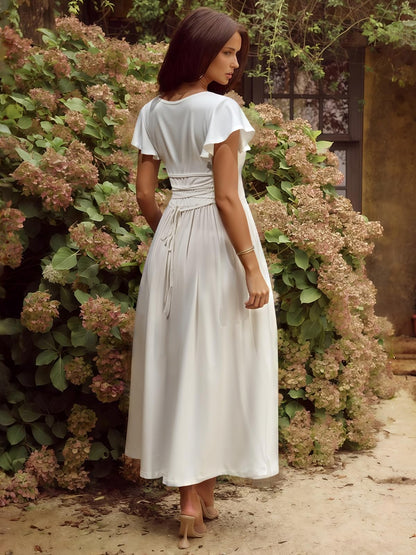 YUNDAI Women's Scoop Neck Flutter Sleeve Midi Dress with Pocket Elegant Flowy A Line Tie Back Dress