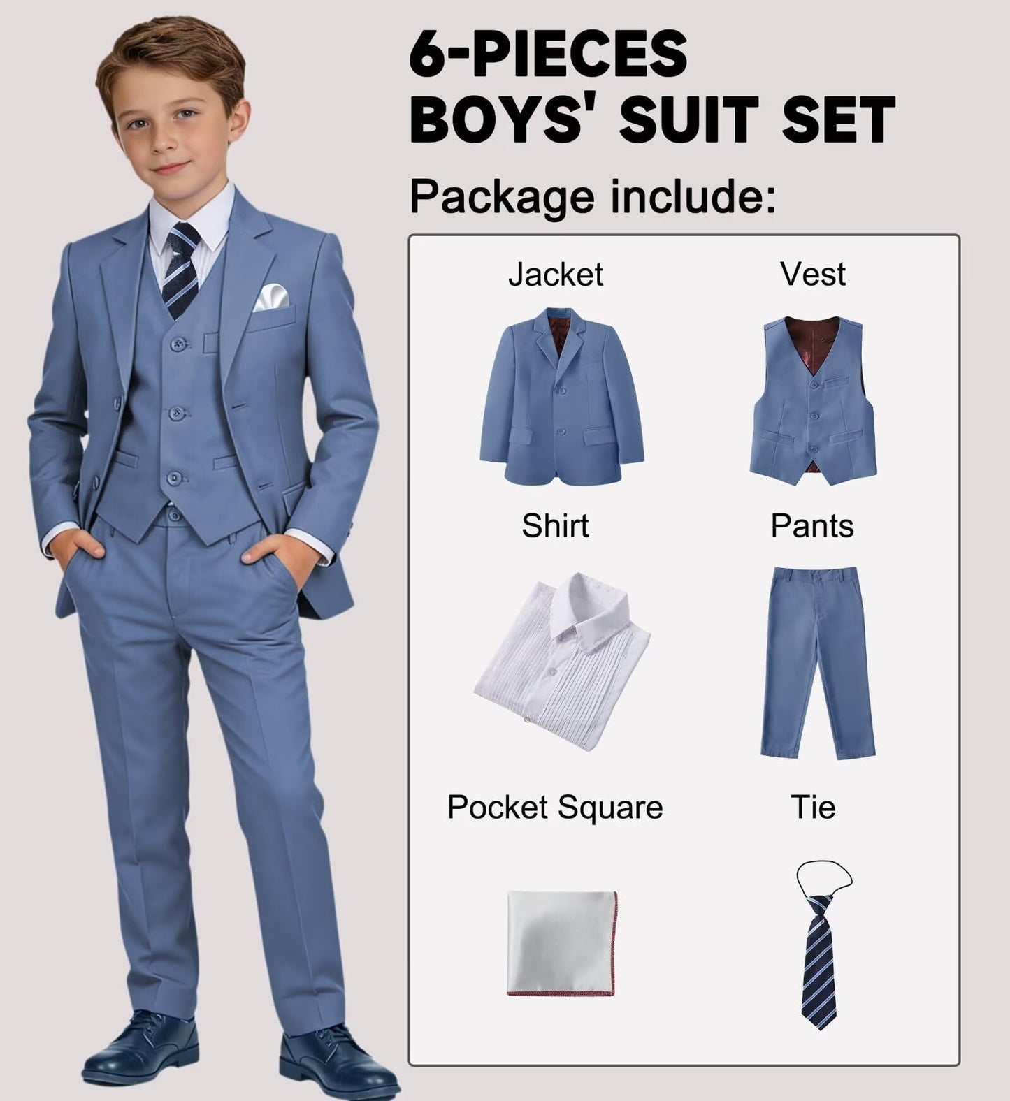 Boys' Suit Kids Formal Tuxedo Suits Set for Boys 6 Piece Dress Clothes Easter Wedding Outfit with Tie Pocket Square
