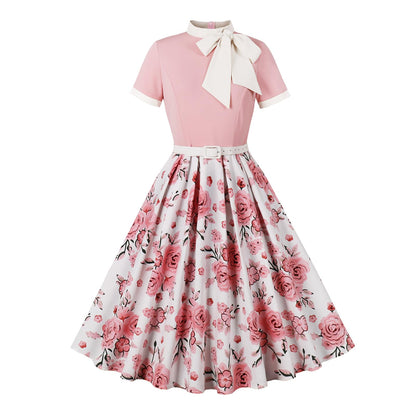 50s Style Dresses for Women Vintage Short Sleeve Tie Neck Swing Dress Midi Prom Dress with Belt