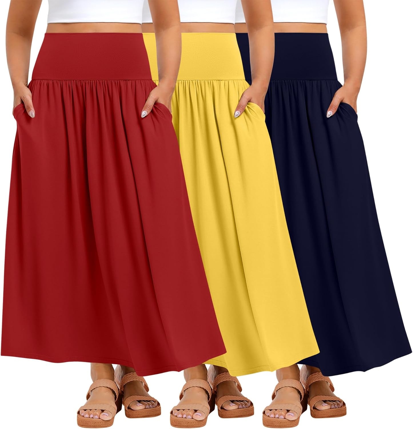 Ficerd 3 Pack Plus Size Maxi Skirts for Curvy Women Pockets Casual 2026 Boho Summer Flowy Long Skirt a Line High Waist Dress