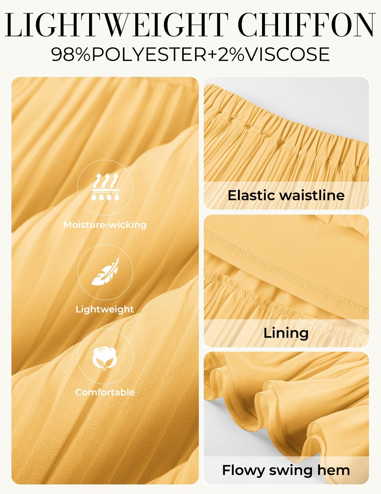 Kate Kasin 2026 Women's Chiffon Maxi Skirt, High Waist Pleated Skirts, Summer Flowy Long Skirts with Underskirt