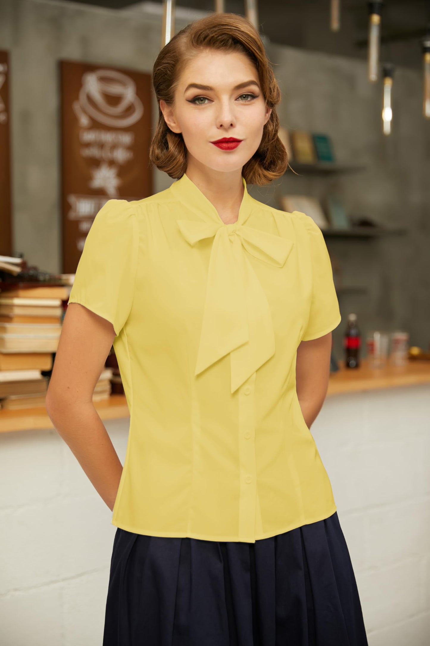 Belle Poque Summer Short Sleeve Office Button Down Blouse Stripe Shirt Tops with Bow Tie BP573