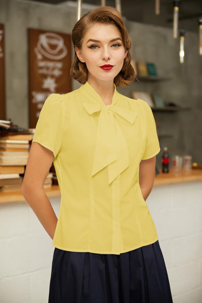 Belle Poque Summer Short Sleeve Office Button Down Blouse Stripe Shirt Tops with Bow Tie BP573