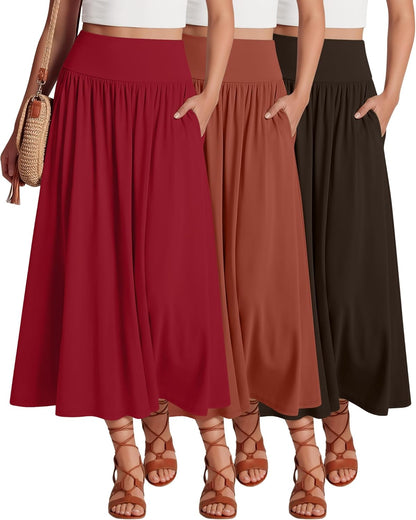 Ficerd 3 Pack Maxi Long Skirts for Women, Ankle Length High Waisted Pleated Flowy a Line Summer Casual Skirts with Pockets