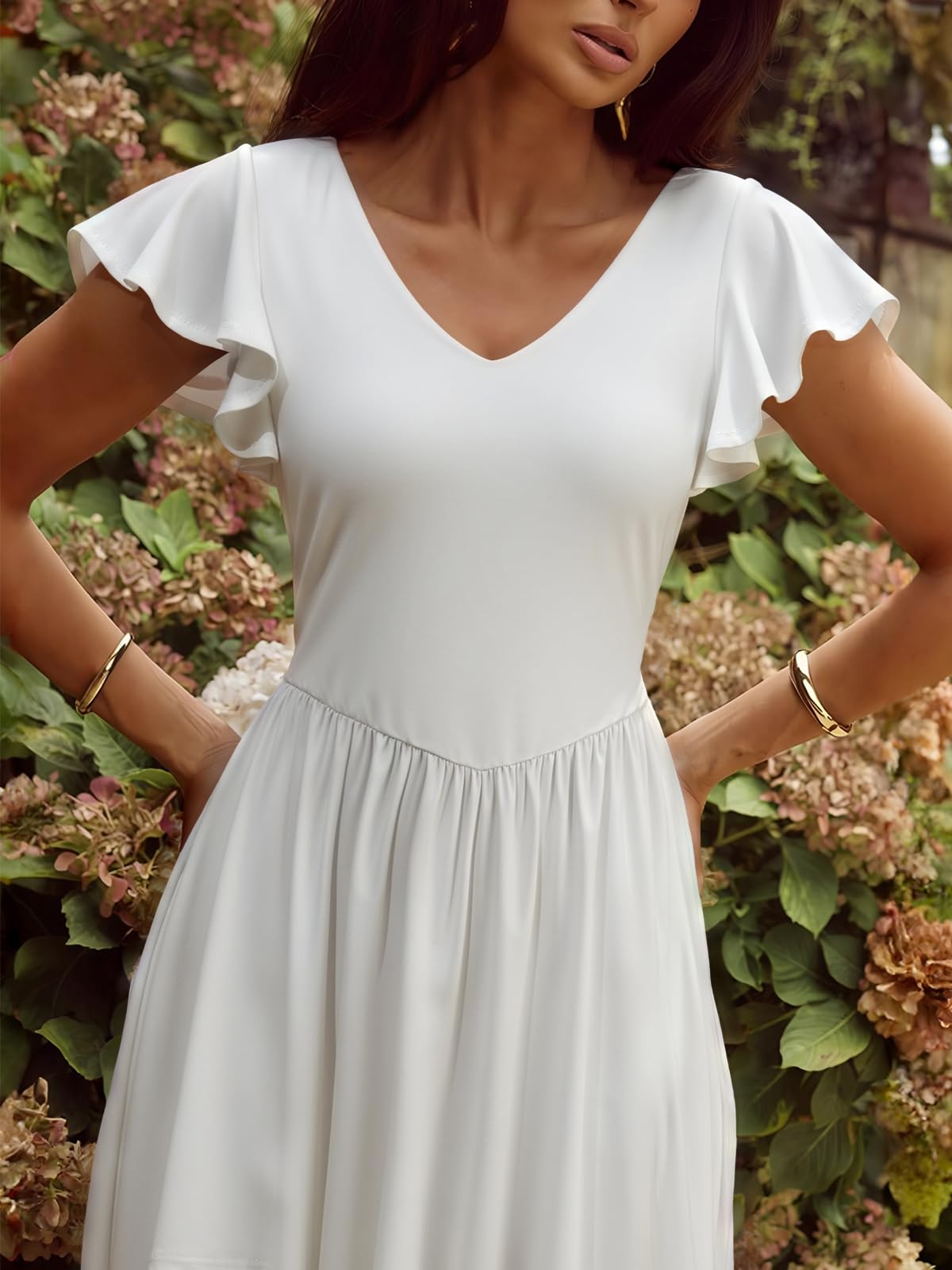 YUNDAI Women's Scoop Neck Flutter Sleeve Midi Dress with Pocket Elegant Flowy A Line Tie Back Dress