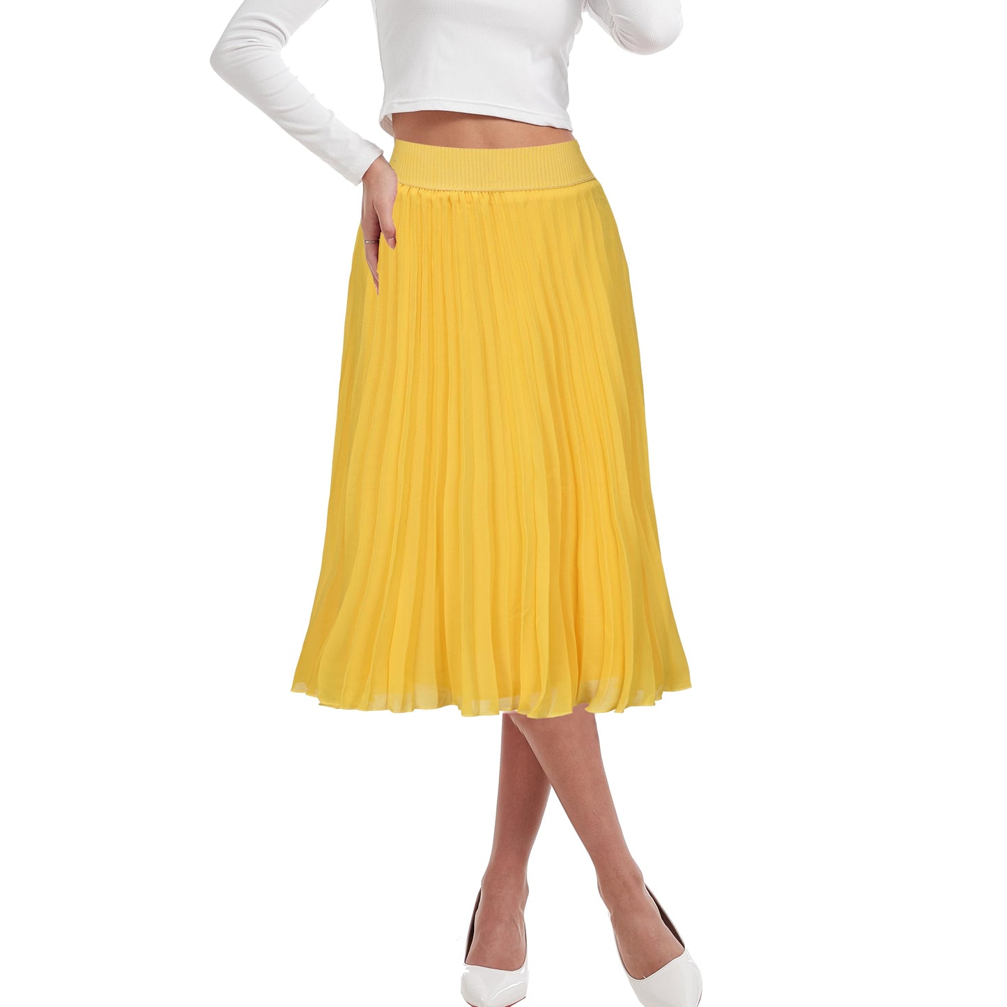 Womens Chiffon High Waist Skirt Pleated A-Line Swing Elastic Shirring Midi Length