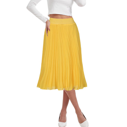 Womens Chiffon High Waist Skirt Pleated A-Line Swing Elastic Shirring Midi Length