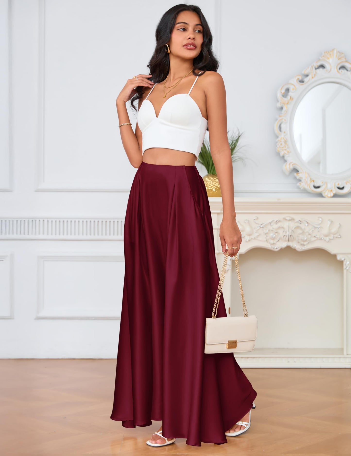 MAKABO Maxi Satin Skirts for Womens High Waisted Flowy Long A line Skirt Trendy for Office Holiday Party