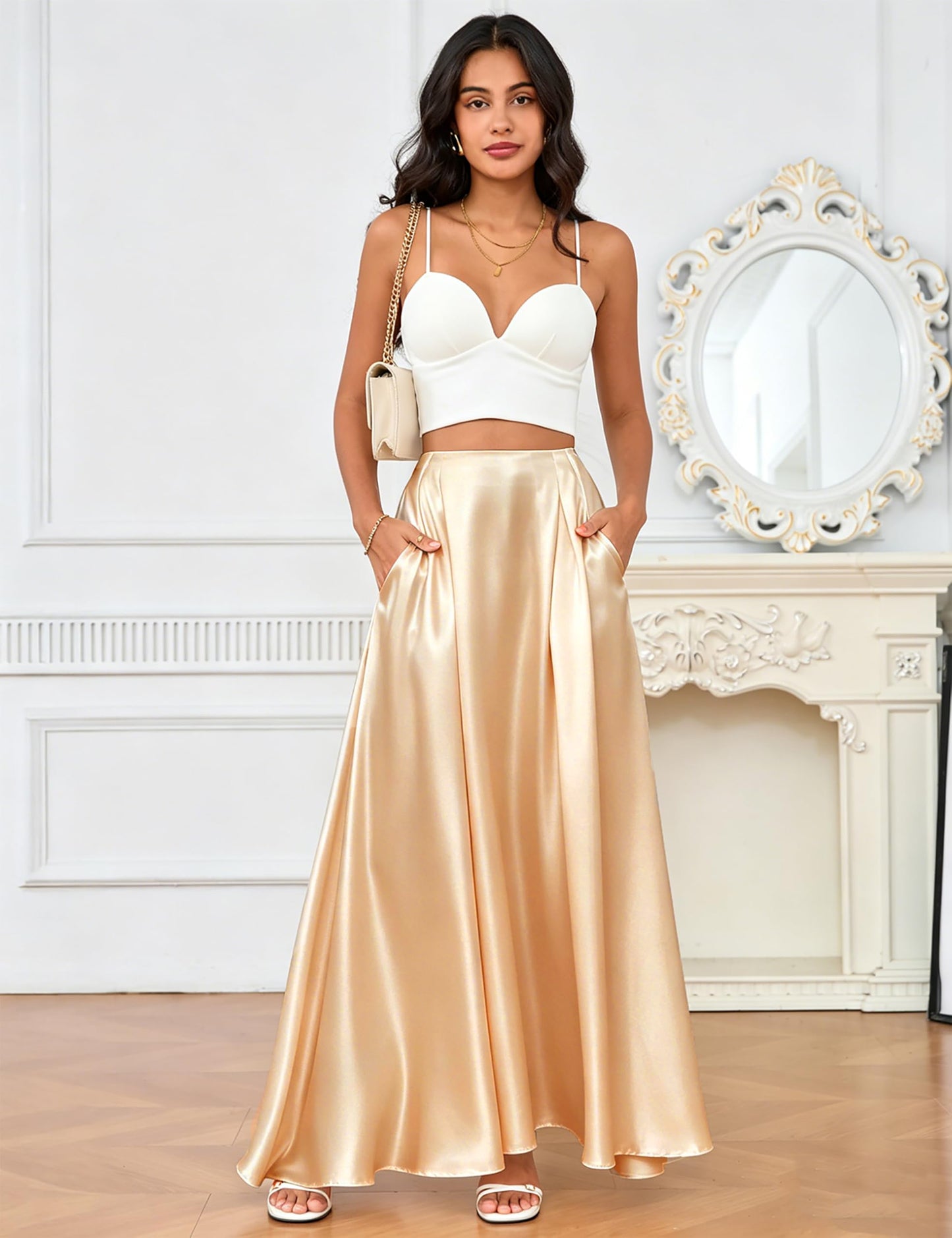 MAKABO Maxi Satin Skirts for Womens High Waisted Flowy Long A line Skirt Trendy for Office Holiday Party