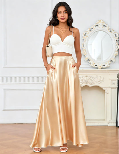 MAKABO Maxi Satin Skirts for Womens High Waisted Flowy Long A line Skirt Trendy for Office Holiday Party