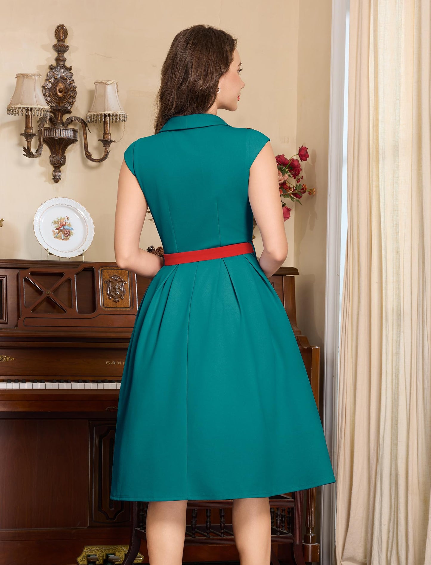 Women's 1950s Retro Dress Sleeveless Cocktail Prom Swing Midi Belt Dresses with Pockets Vintage Style