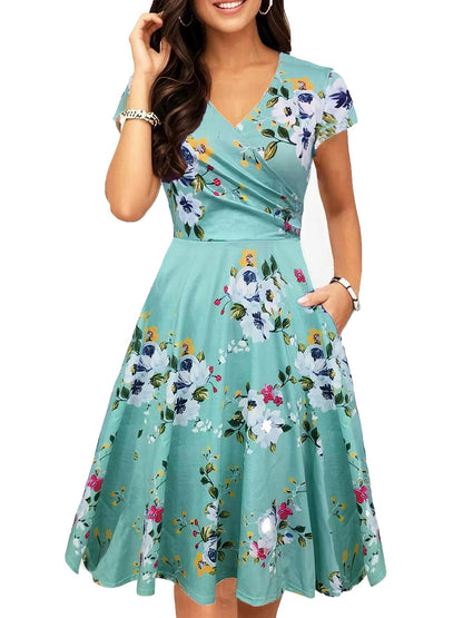 oxiuly Women's Vintage Dot V-Neck Cap Sleeve Casual Pockets Swing Tea Dress OX296