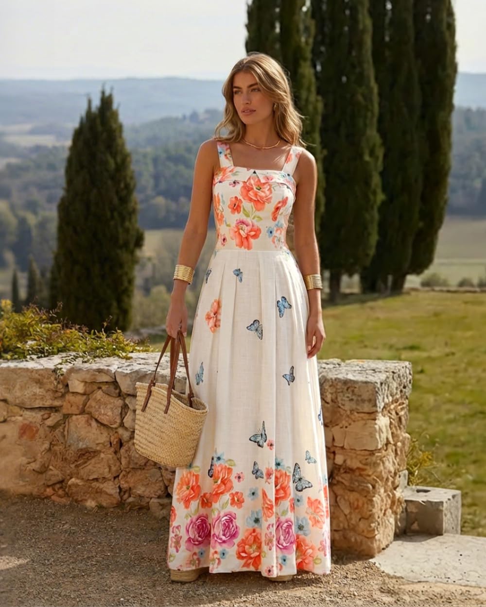 CHICME Women’s Floral Butterfly Print Linen Maxi Dress Quare Neck Strap Shirred Bodice Flowy Boho Summer Beach Dress